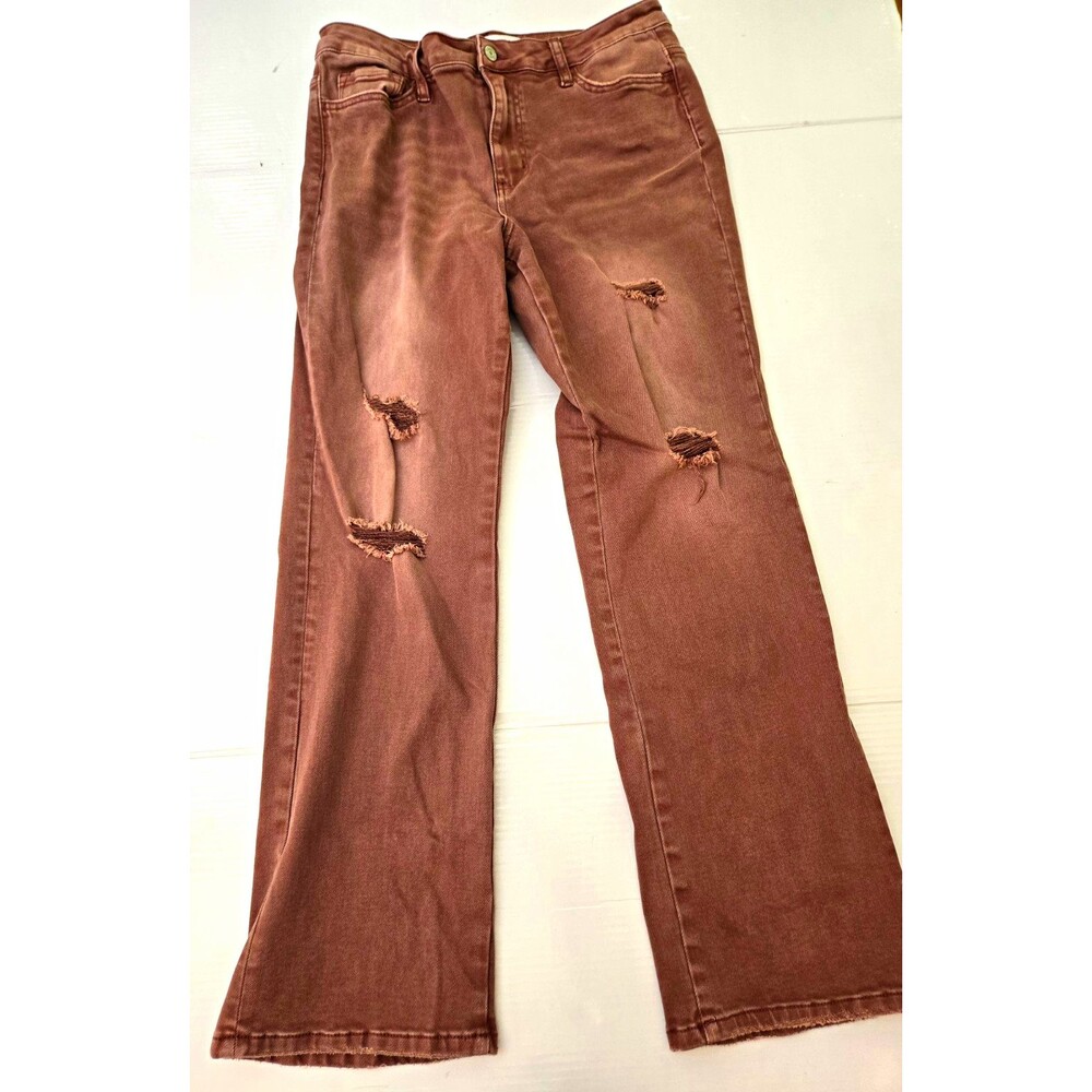 Vervet Blue Women's Flared Jeans Brown Denim Distressed Stretch 5-Pocket